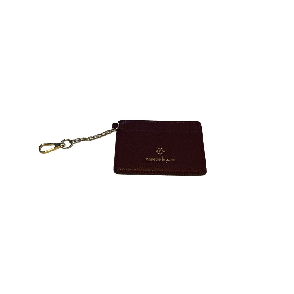 Nanette Lepore Burgundy Pebbled Card Holder Wallet Keychain Gold Logo Slim